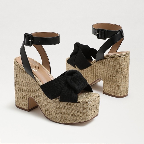 NWOB Sam Edelman Theresa Platform Block Heel Sandals in Black Linen size 9.5 - Picture 1 of 15